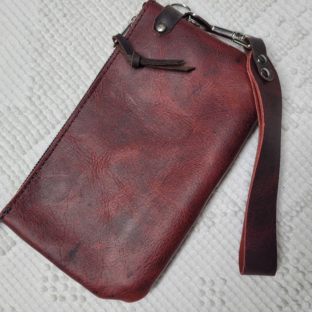 Handmade Womens Red And Brown Leather Clutch With Detachable Wristlet Strap - Picture 4 of 9